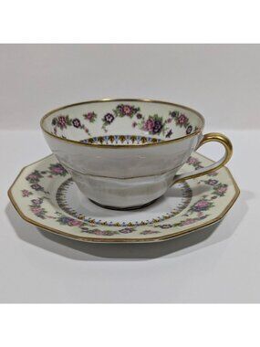 C. Ahrenfeldt Limoges France Teacup Saucer Pink Blue Flowers Gold Trim Vintage